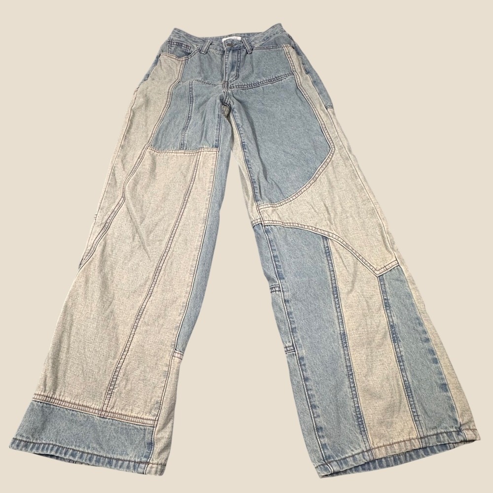Machine Jeans Womens Patchwork Wide Leg Denim High Rise Light Wash Blue Size 1